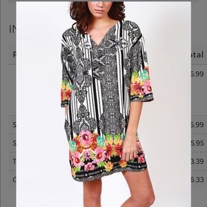 ISLE Black & White Baroque V-Neck Dress Floral